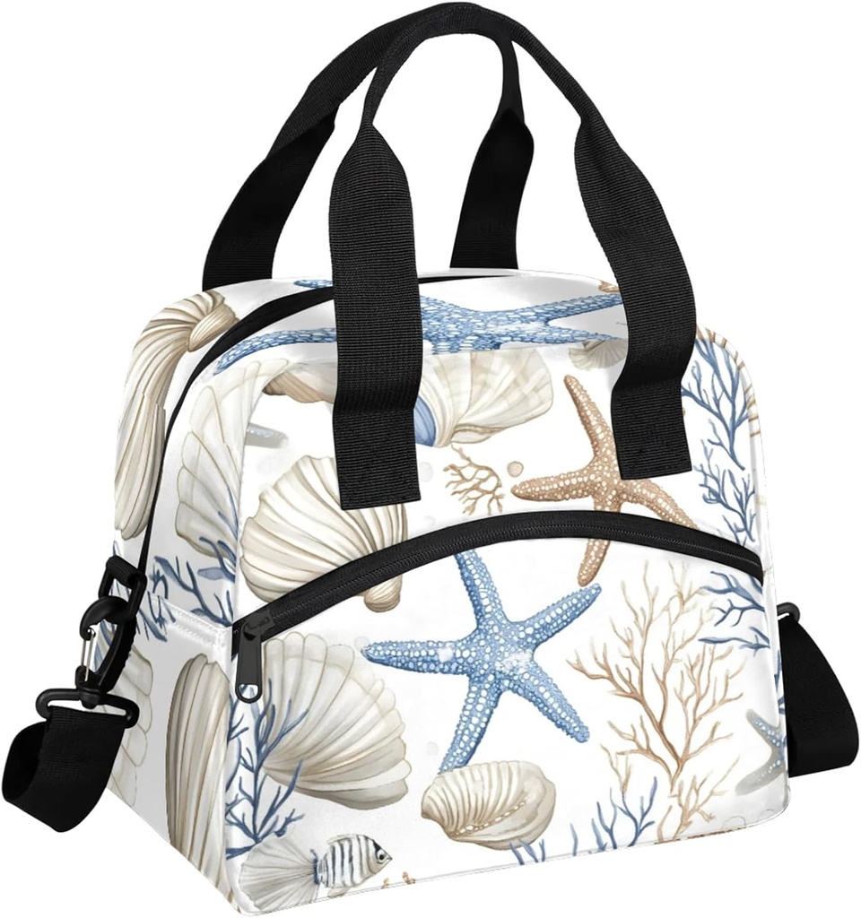 Nautical Coastal Lunch Bag for Men Women Adults Ocean Beach Seashell Starfish Themed Insulated Lunch Box Leakproof Cooler Tote Bag Organizer with Adjustable Shoulder Strap