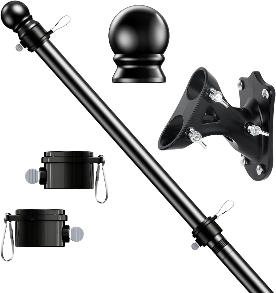 5 FT Flag Pole Kit, Tangle Free Spinning Weather Resistant Rustproof Stainless Steel Flagpole with Base for 3x5 Sports Flag 1" Dia Flag Pole Holder for Outside House, Wall (Black)