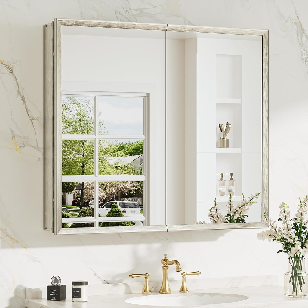 TokeShimi 30 x 26 Medicine Cabinet Mirror for Bathroom, Assembly Required, Nickel Recessed Medicine Cabinet with Mirror, Stepless Adjustable Shelves, Beveled Aluminum Frame, Tempered Glass