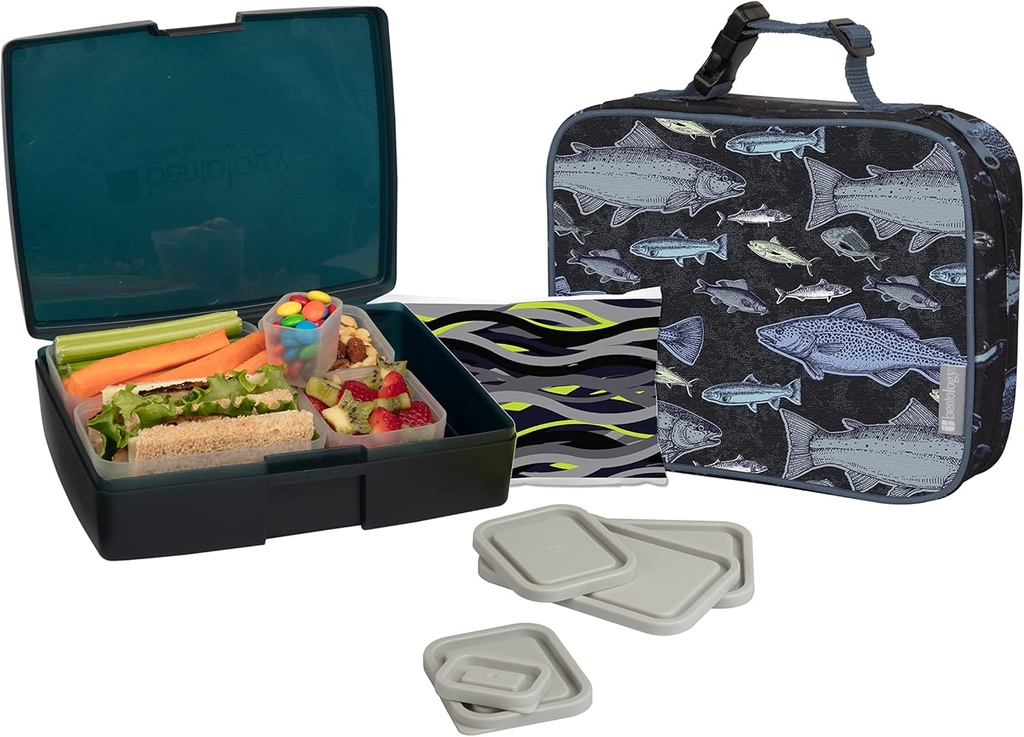 Bentology Lunch Bag and Box Set for Kids - Boys Insulated Lunchbox Tote, Bento Box, 5 Containers and Ice Pack - 9 Pieces - Fish