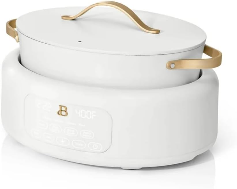 Beautiful 10-in-1 Electric Multi-Cooker by Drew Barrymore, 6-quart, digital display, 10 cooking functions, non-stick pot, easy one-touch control (White Icing)