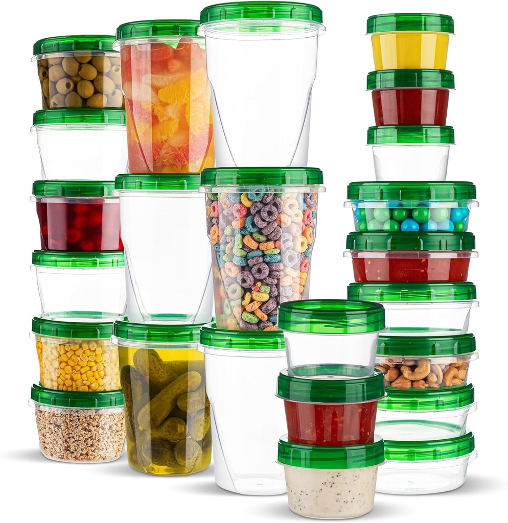PLASTICPRO 24 Pack Twist Top Containers Assorted Sizes Plastic Food Storage Containers with Green Twist on Lids Stackable Reusable
