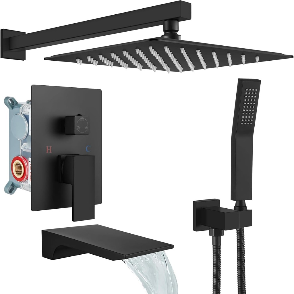 gotonovo Shower System with Tub Spout,Waterfall Tub Shower Faucet Set for Bathroom Head and Handle Set Wall Mounted 3 Function Rough-in Valve and Trim Included 10 inch Shower Head Matte Black