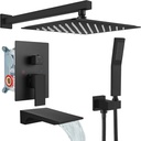 gotonovo Shower System with Tub Spout,Waterfall Tub Shower Faucet Set for Bathroom Head and Handle Set Wall Mounted 3 Function Rough-in Valve and Trim Included 10 inch Shower Head Matte Black