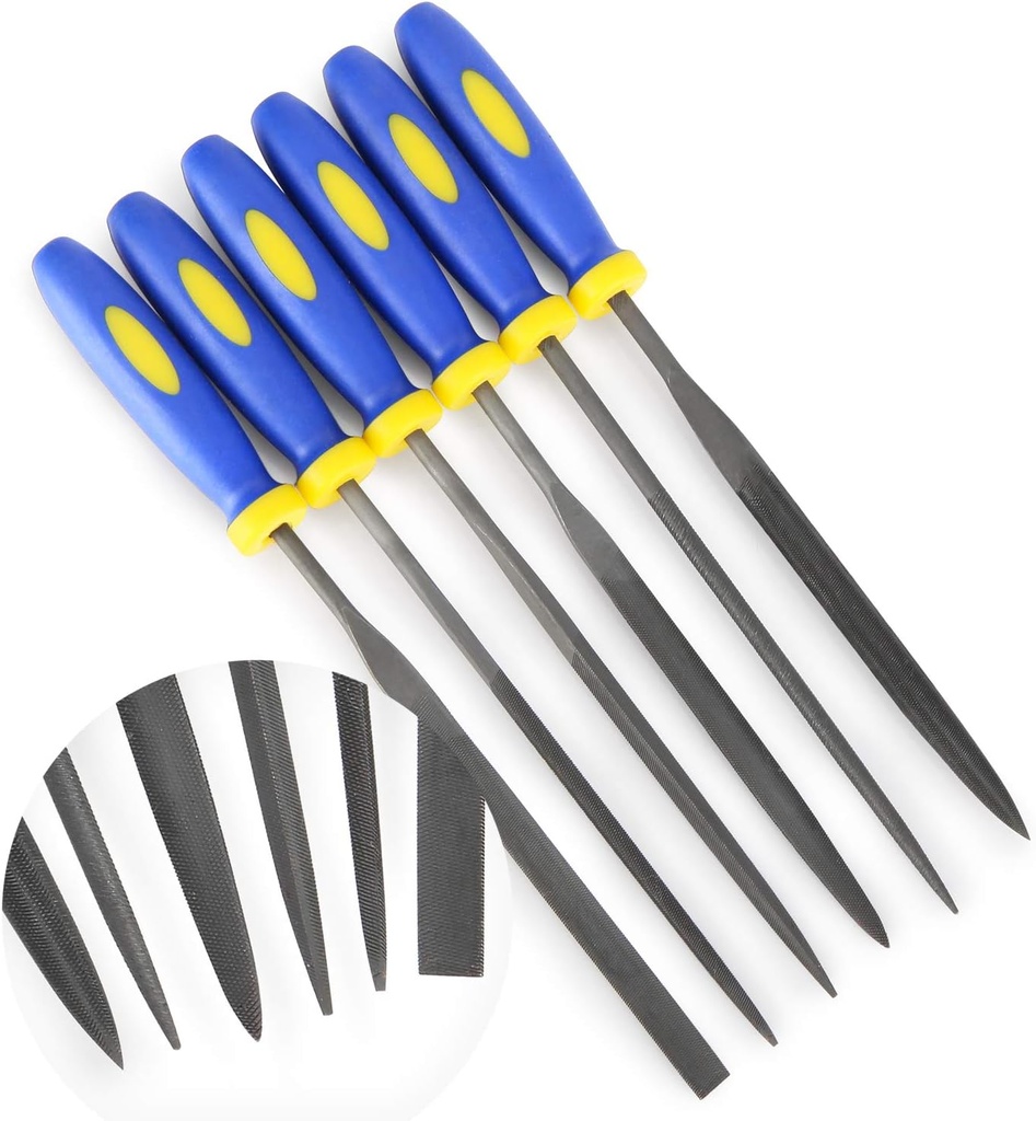KALIM MINI Needle File Set (Carbon Steel 6 Piece-Set) Hardened Alloy Strength Steel - Set Includes Flat, Flat Warding, Square, Triangular, Round, and Half-Round File(6'' Total Length)