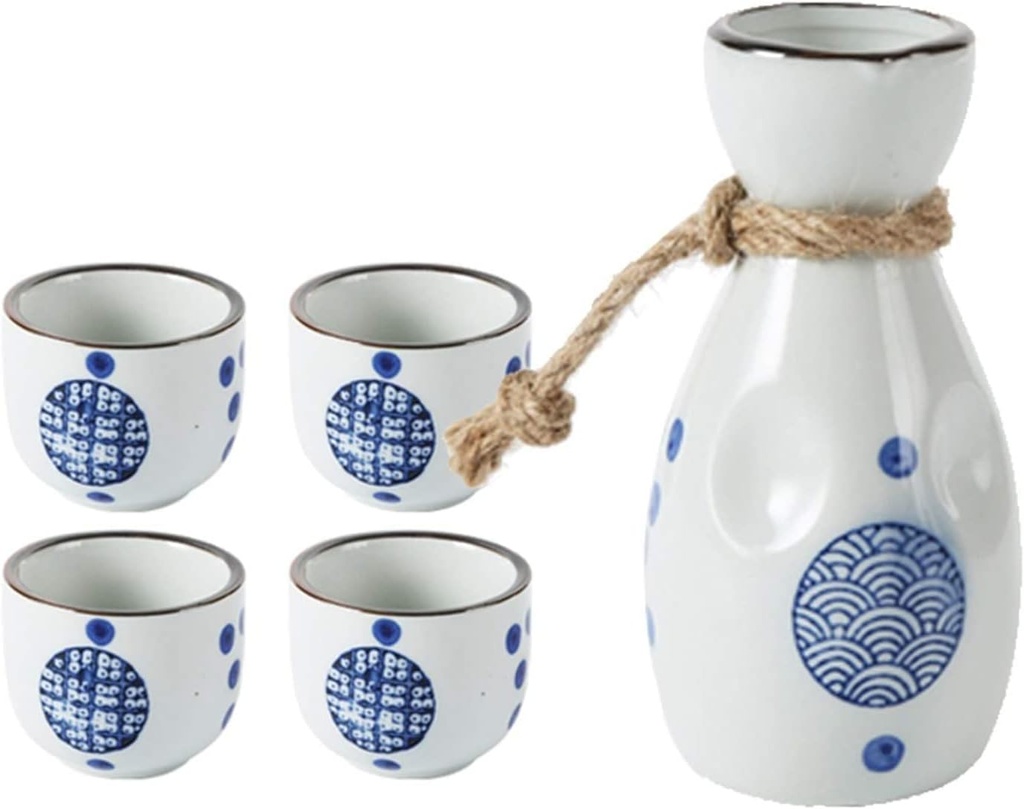 Sake Wine Set, Wine Glass,Vintage Ceramic Sake Pot Cups One Pot of Four Cups Set Flagon Liquor Cup Spirits Cups Set Sake Wine Set,Home Decor/Style 1
