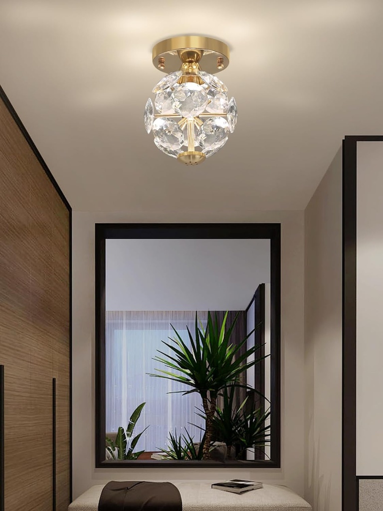 Modern Small Crystal Ceiling Chandelier Mini Gold Semi Flush Mount Chandelier Light Fixture for Hallway Bedroom Bathroom Globe Ceiling Light Fixture