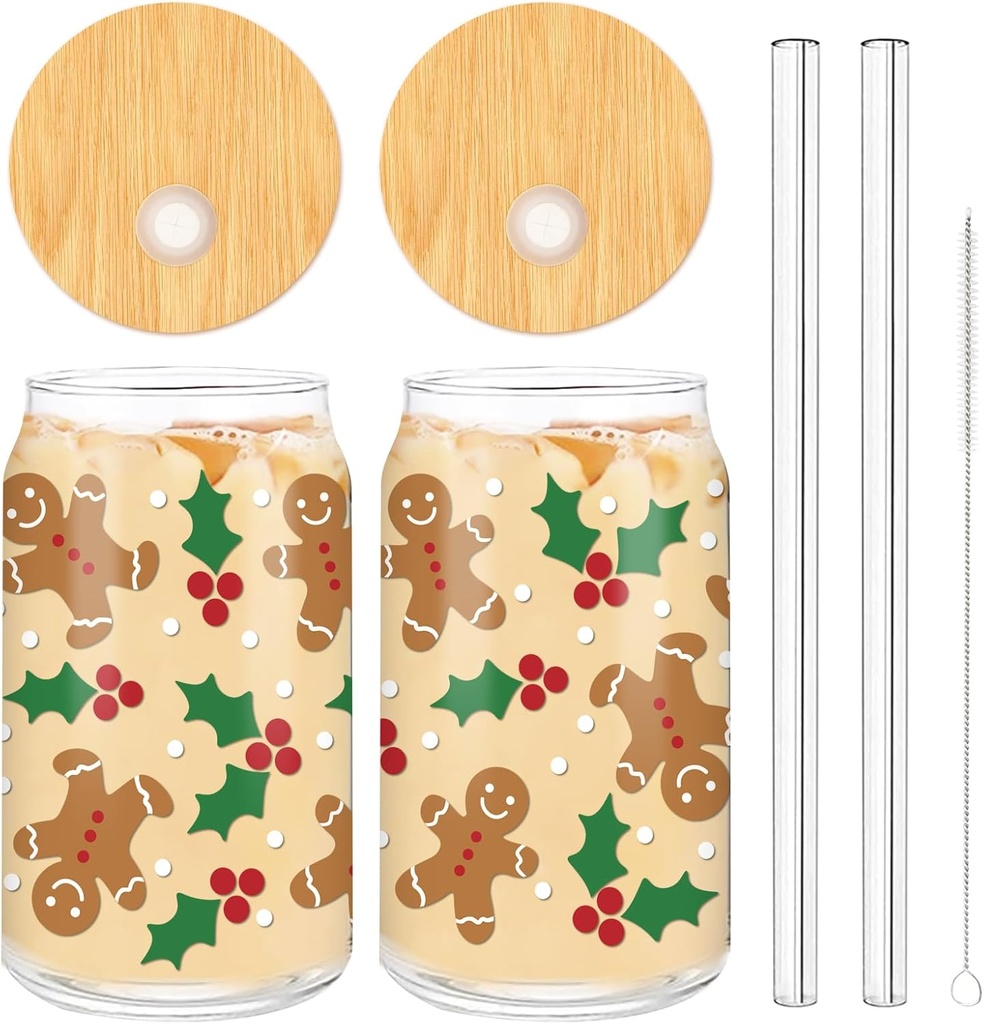 2 Pack Christmas Drinking Glasses 16oz Gingerbread Man With Holly Glass Cup Xmas Iced Coffee Cup with Lid Straw Cleaning Brush for Home Office Gifts