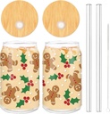 2 Pack Christmas Drinking Glasses 16oz Gingerbread Man With Holly Glass Cup Xmas Iced Coffee Cup with Lid Straw Cleaning Brush for Home Office Gifts