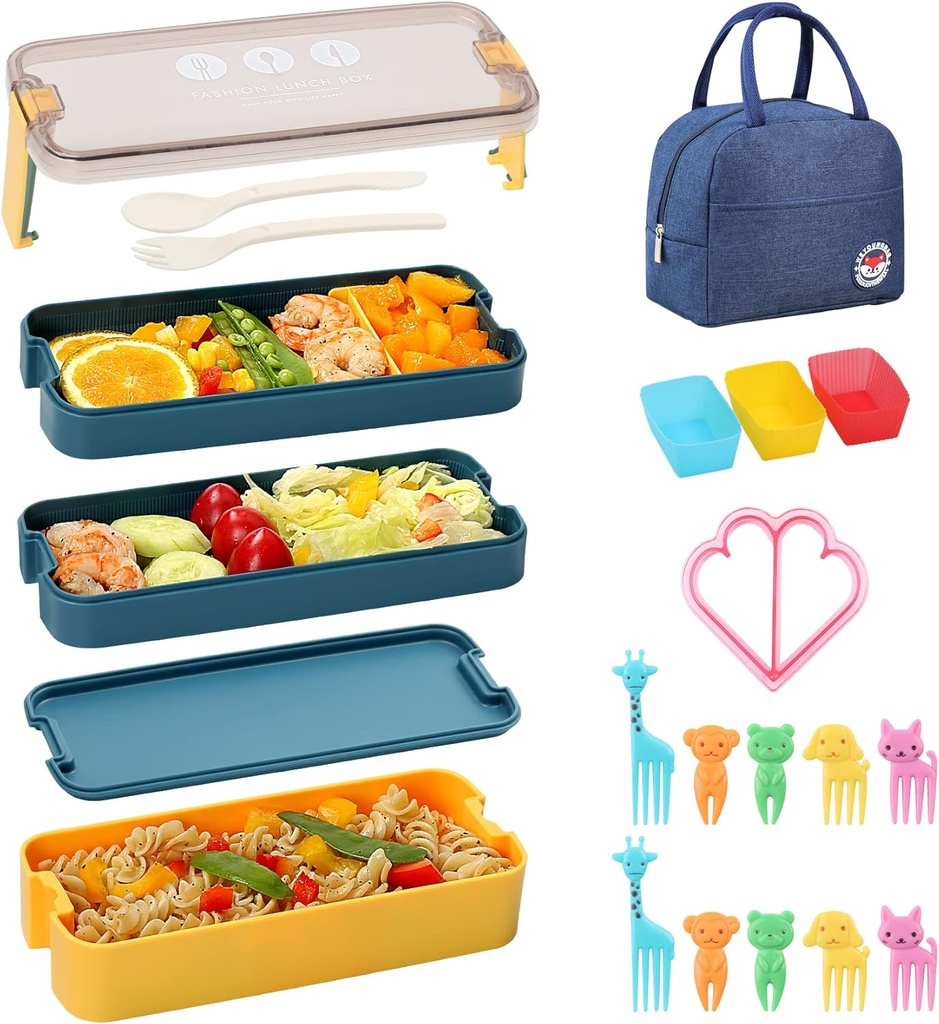 Bento Box Adult Lunch Box, 3 in 3 - bento box kit with Sandwich Cutters, Microwave Safe Lunch Containers with Lunch Bag Stackable Bento Lunch Box Set