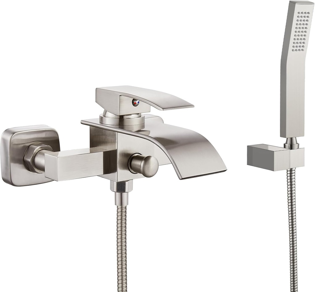 Midanya Wall Mount Bathtub Faucet with Handheld Spray Waterfall Tub Filler Single Handle Bathroom Tub Mixer Tap Hand-Shower System with Curved Spout Commercial,Brushed Nickel