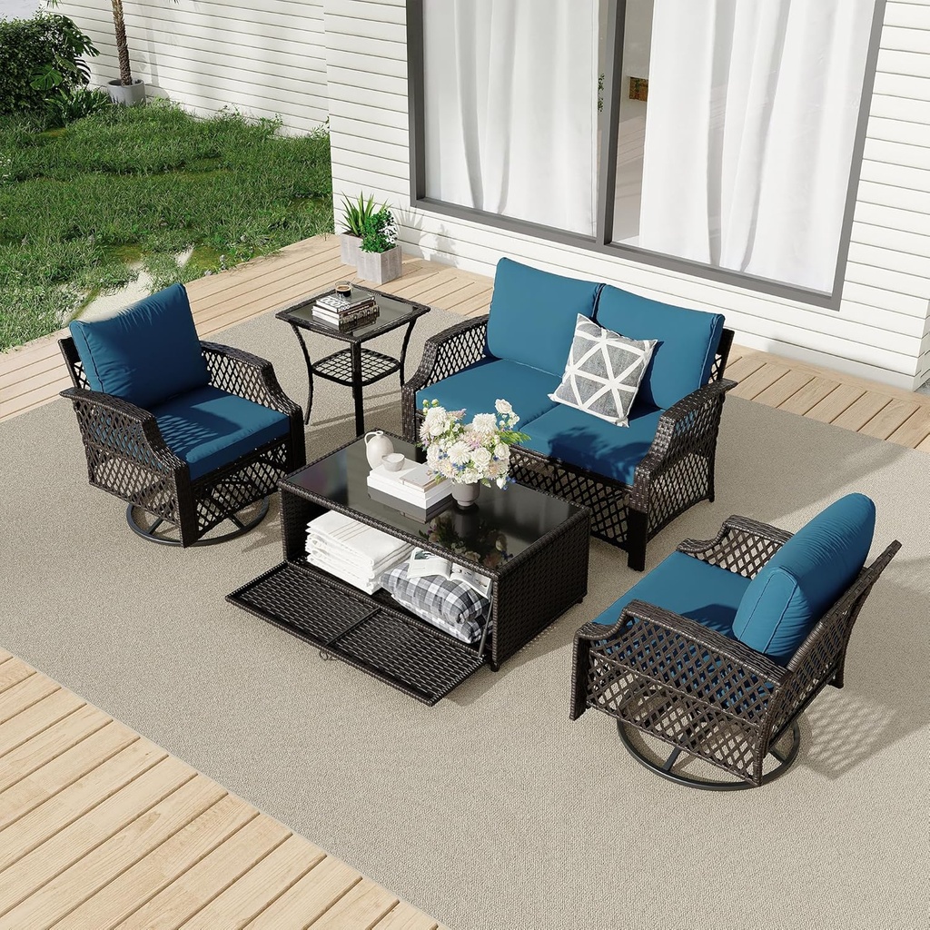HOMREST 5 Piece Patio Furniture Set, Wicker Outdoor Conversation Sofa Set with Swivel Chairs, Loveseat, Storage Coffee Table, Side Table, Soft Cushions for Deck Backyard Porch（4 Seats, Turquoise