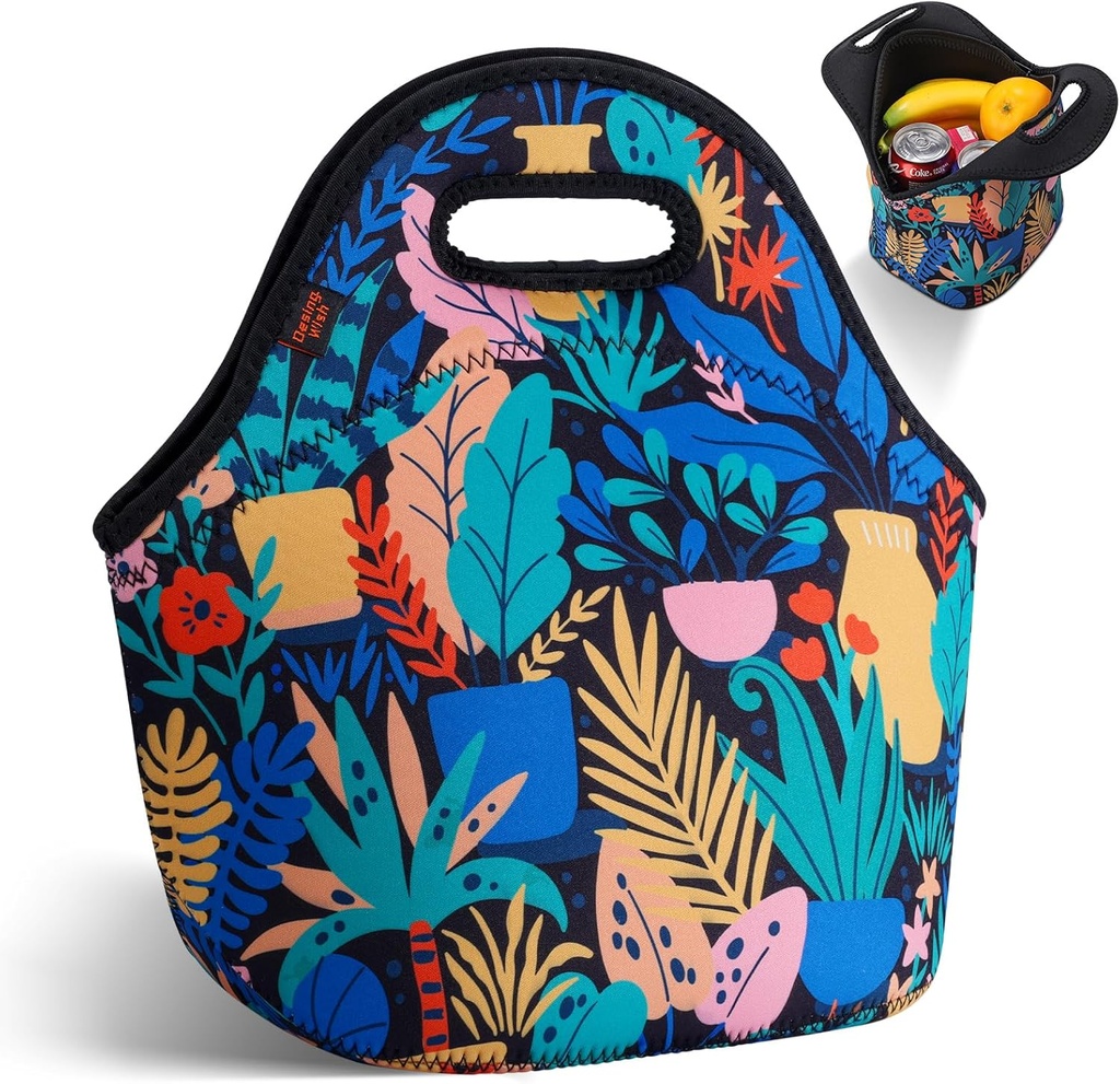 Desing Wish Neoprene Lunch Bag for Men/Women Insulated Soft Lunch Tote Zipper Closure Lightweight Reusable Lunch Bag for Office, Travel, Picnic, Party (Rainforest)
