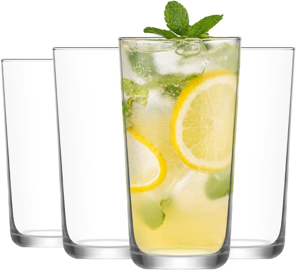 LAV Premium Long Drink Glasses, Lead-Free Highball Glass Set, Pack of 4, Dishwasher Safe, for Water, Juice, Cocktails, Tom Collins, Lemonade, Soda, Iced Tea, Mocktails 16 1/2 oz