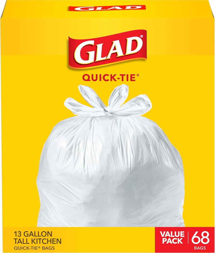 Glad Tall Kitchen Trash Bags 13 Gallon, Unscented Garbage Bags, Quick-Tie, 68 Count