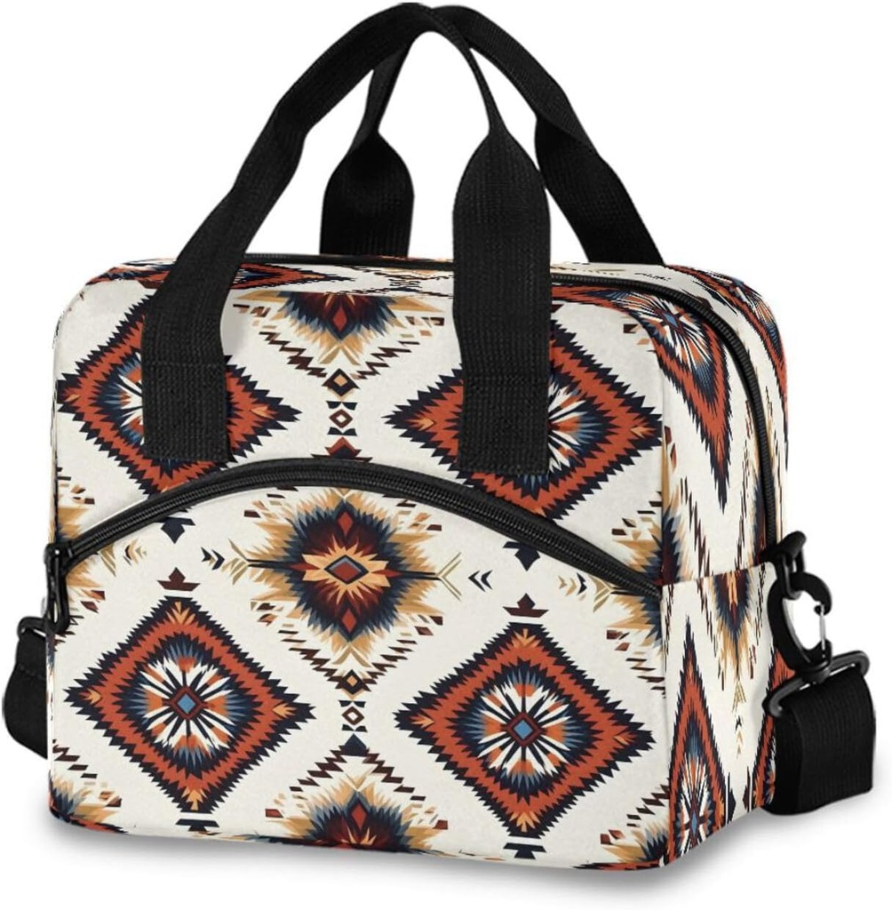 ALAZA Brown Ethnic Aztec Pattern Lunch Box for Men Women Adults Insulated Lunch Bag Cooler Bag with Adjustable Shoulder Strap for Work Picnic Travel