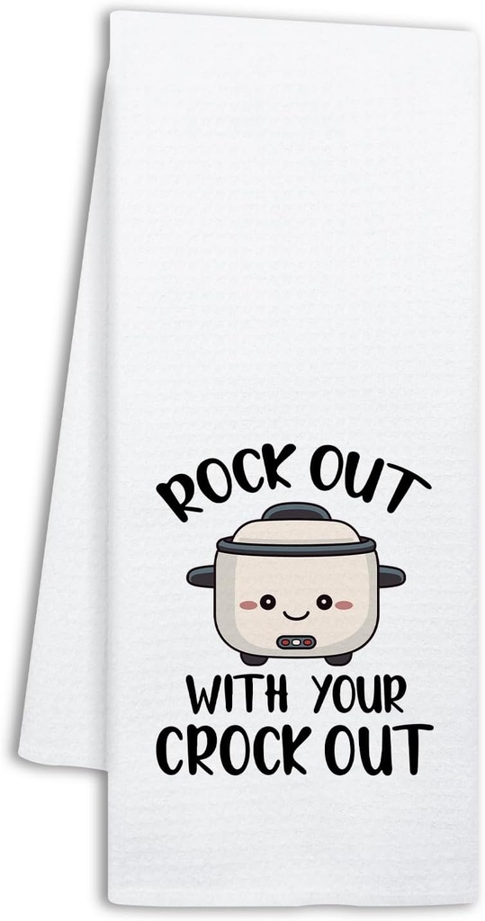 Funny Crock Pot Kitchen Towels, Rock Out with Your Crock Out, Humor Saying Dish Towels for Kitchen Decor, Cooking Gifts for Chef, Sweet Housewarming Gifts for Women Hostess Housewife Friend