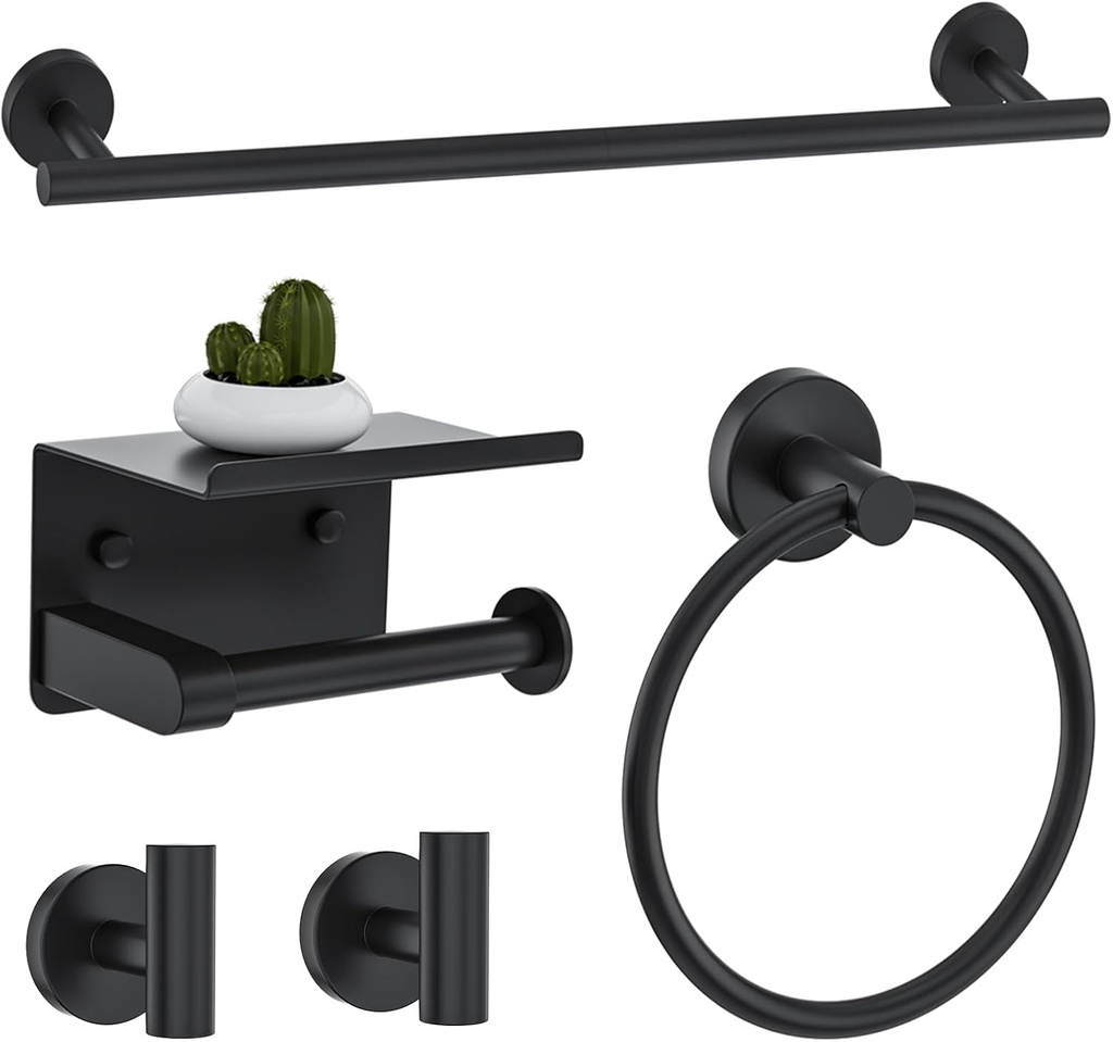 Matte Black Bathroom Hardware Accessories Set 5-Piece Towel Bar Set Includes 23.6in Towel Bar Toilet Paper Holder with Shelf,Towel Holder Set for Bathroom Stainless Steel Wall-Mounted