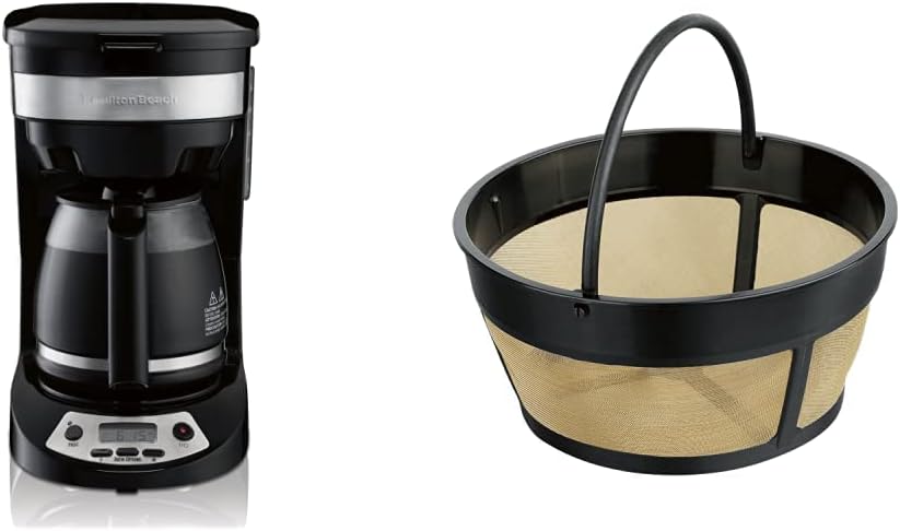 Hamilton Beach 12 Cup Programmable Coffee Maker, Brew Options, Glass Carafe (46299), Black with Stainless Accents & Permanent Gold Tone Filter, Fits Most 8 to 12-Cup Coffee Makers (/80675)