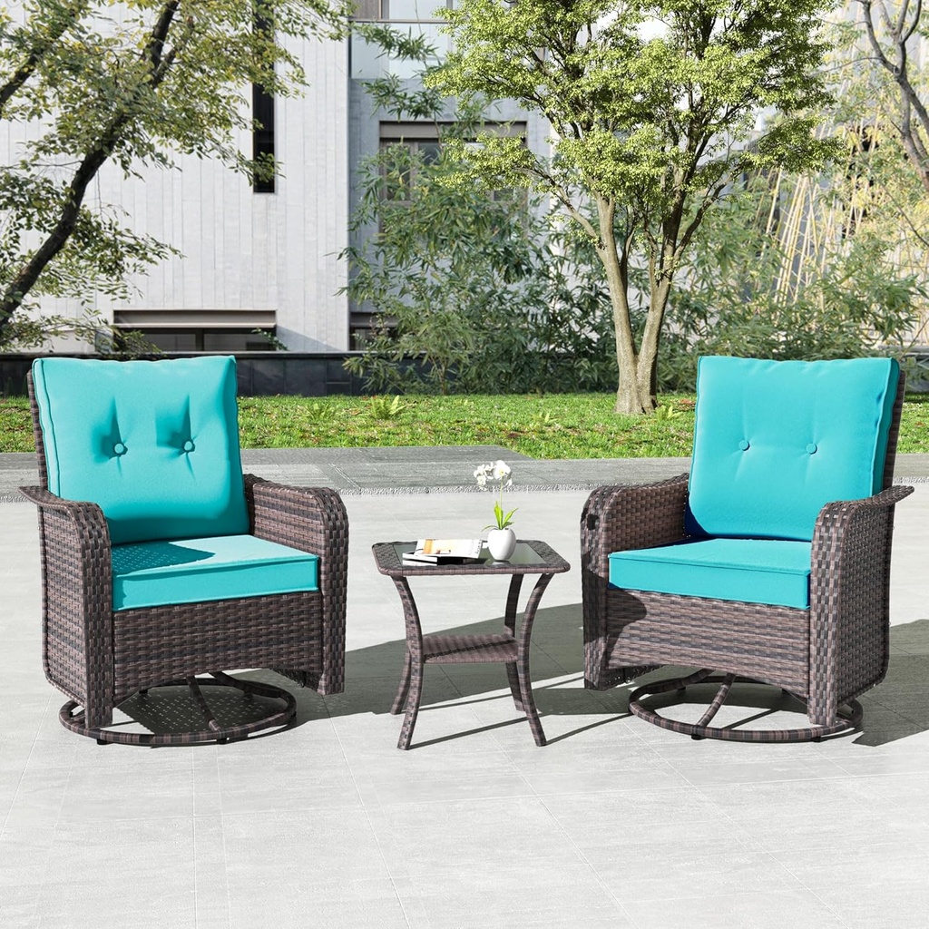 Kullavik 3 Pieces Patio Furniture Set,Outdoor Swivel Glider Rocking Chairs Set,Front Porch Furniture Patio Conversation Sets with Side Table for Balcony Deck Backyard,Turquoise Blue