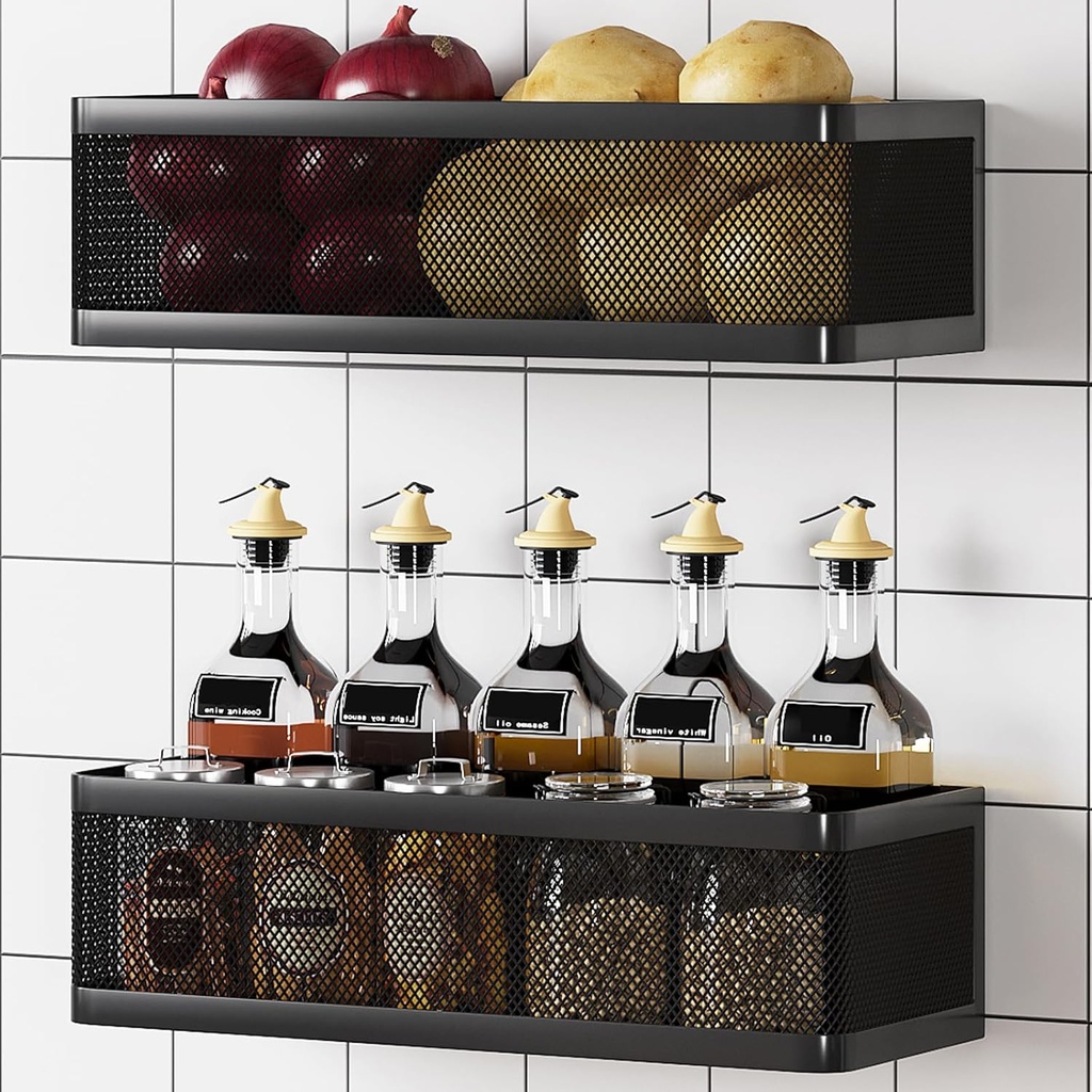 Heavy Duty Spice Rack Wall Mount - 2-Tier Metal Hanging Storage Baskets with Adhesive & Screw Options, Space Saving Spice Organizer for Kitchen, Pantry, Bathroom (2 Pack, Black)