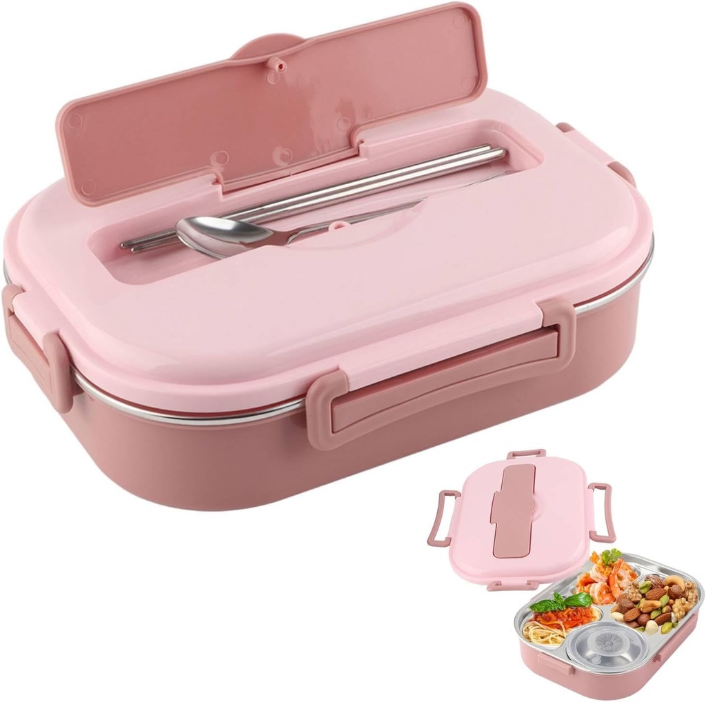 Niiyen 1500ml Lunch Box 4 Compartments Pink Food Lunch Containers with Spoon Chopsticks & Soup Bowl Adult Kids Bento Lunch Box with Tableware Removable Liner, for School Office Picnic