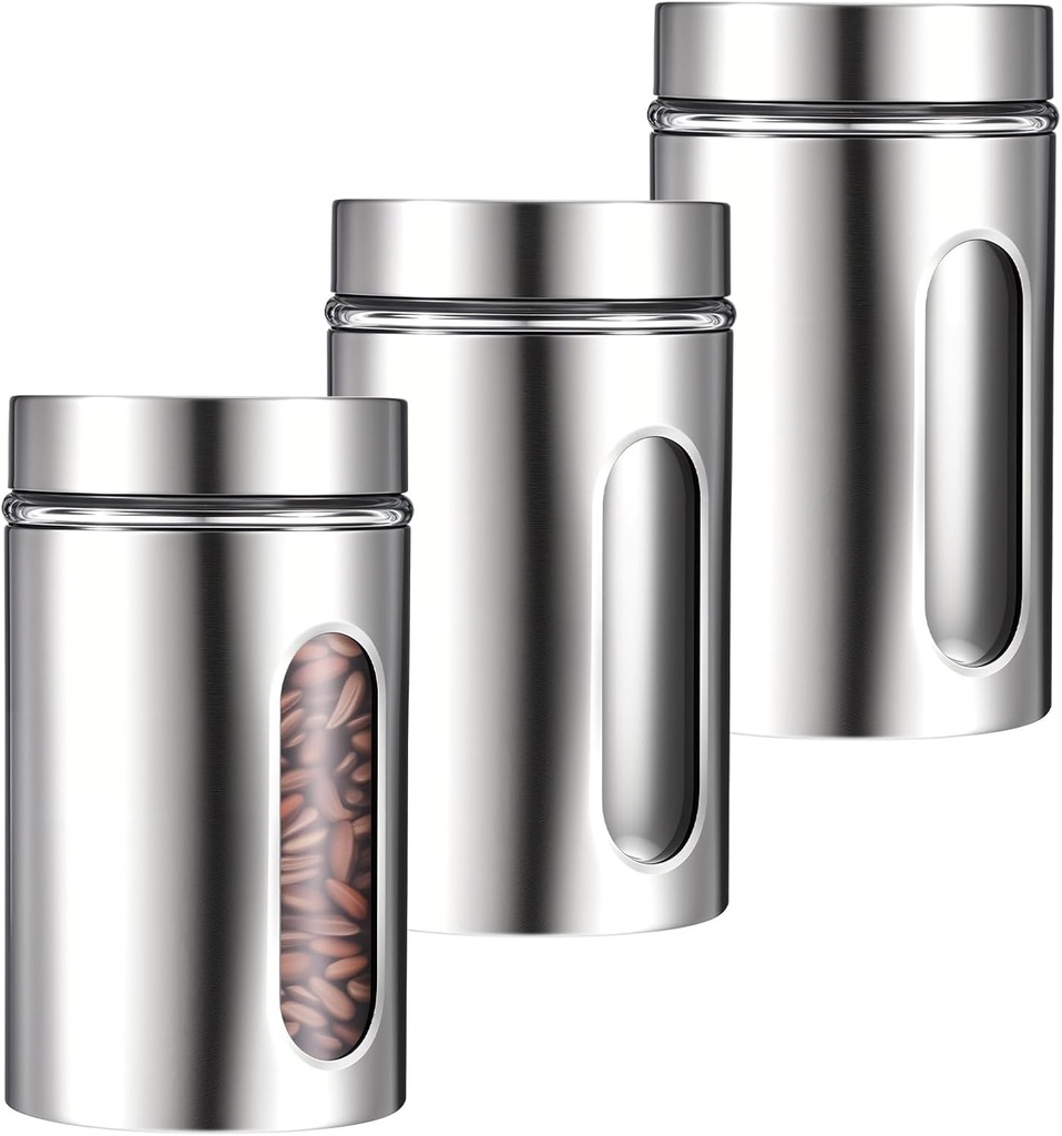 3 Pack Large Kitchen Canisters Set Airtight Coffee Sugar Tea Candy Storage Jars with Window Glass Stainless Steel Containers with Lids for Flour Cookies Spices Grains Kitchen Decorations(32 oz)