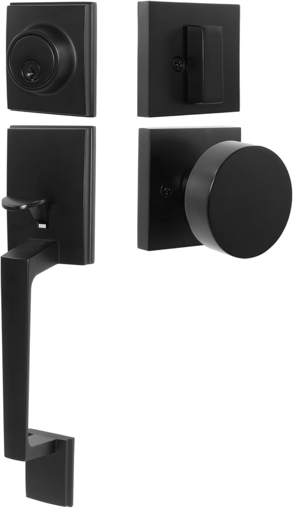 Front Door Lock Set with Interior Door Knob for Exterior Entry Door, Front Door Handle and Deadbolt Set, Zinc Alloy, Modern Style (Matte Black, 8012)
