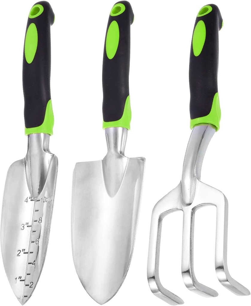 HARFINGTON 3pcs Garden Tools Set Metal Garden Hand Shovels and Hand Rake Tools Kit for Gardening Planting Weeding, Green