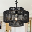 12.4" Black Woven Pendant Light 1 Light Black Rattan Chandelier Hand-Woven Rattans Chandelier 3-Tier Rattan Pendant Farmhouse Chandeliers Light Fixture for Dining Room Living Room