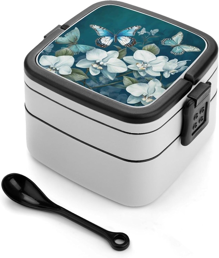Butterflies And Orchids Bento Box with Compartments Double Layer Bento Lunch Box with Spoon And Handle All-in-One Adult Lunchbox Leakproof Lunch Container for Work Picnic Travel