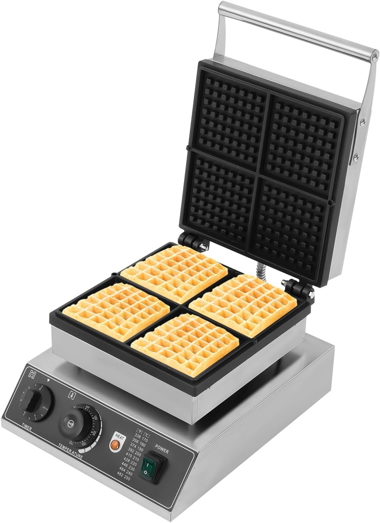 4 Grids Waffle Maker, 1750W 50-300℃ Commercial Electric Machine Nonstick Waffle Making Machine Flip Waffle Muffin Baker Machine Stainless Steel Temperature and Time Control for Restaurant