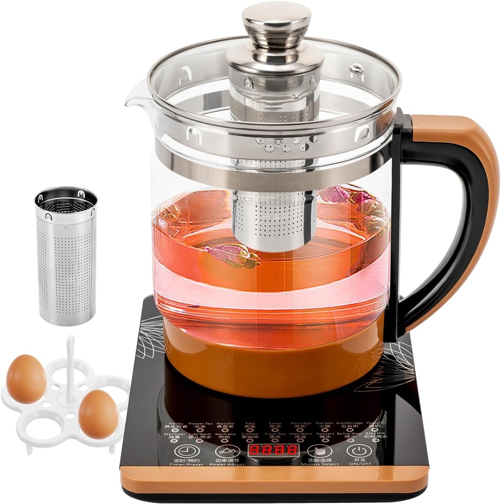 Health Pot Electric Kettle Tea Maker with Tea Infuser Glass Kettle & Steamed Eggs Holder, 18 Menus 1.8L 110V Electric Kettle Keep Warm Function, Rapid Boil