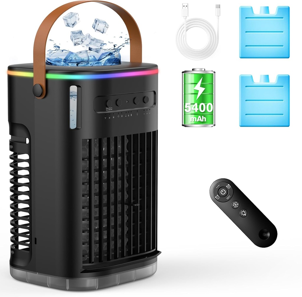 5 IN 1 Small Portable Air Conditioner, 2025 Upgraded Portable AC Unit, 3 Speeds, 2 Ice Packs, 5400mAh Built-In Battery, 1200ML Water Tank, 7H Smart Timer, Remote Control for Office Bedroom