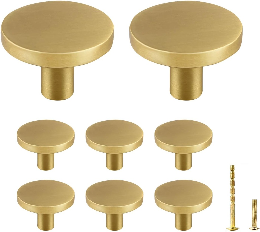 Yiking Soild Brass Brushed Gold Cabinet Knobs - Heavy Duty Real Brass Dresser Knob,Modern Round Gold Closet Door Pulls Small Gold Hardware for Kitchen Bathroom Bedroom Furniture 8pcs 1-5/16in