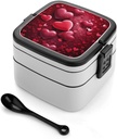 Valentines Love Hearts Bento Box Adult Lunch Box All-in-One Lunch Containers with Removable Compartments Double Layer Bento Lunch Box with Spoon And Handle Stackable Lunchbox