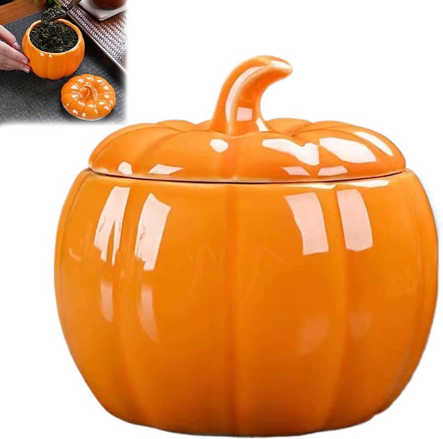 Ceramic Pumpkin Container, Airtight Ceramic Canister Tea Canister Tea Storage Food Storage Jar, Small Fall Candy Bowl with Lid, Halloween Cookie Jar for Festival Party Fall Table Decor