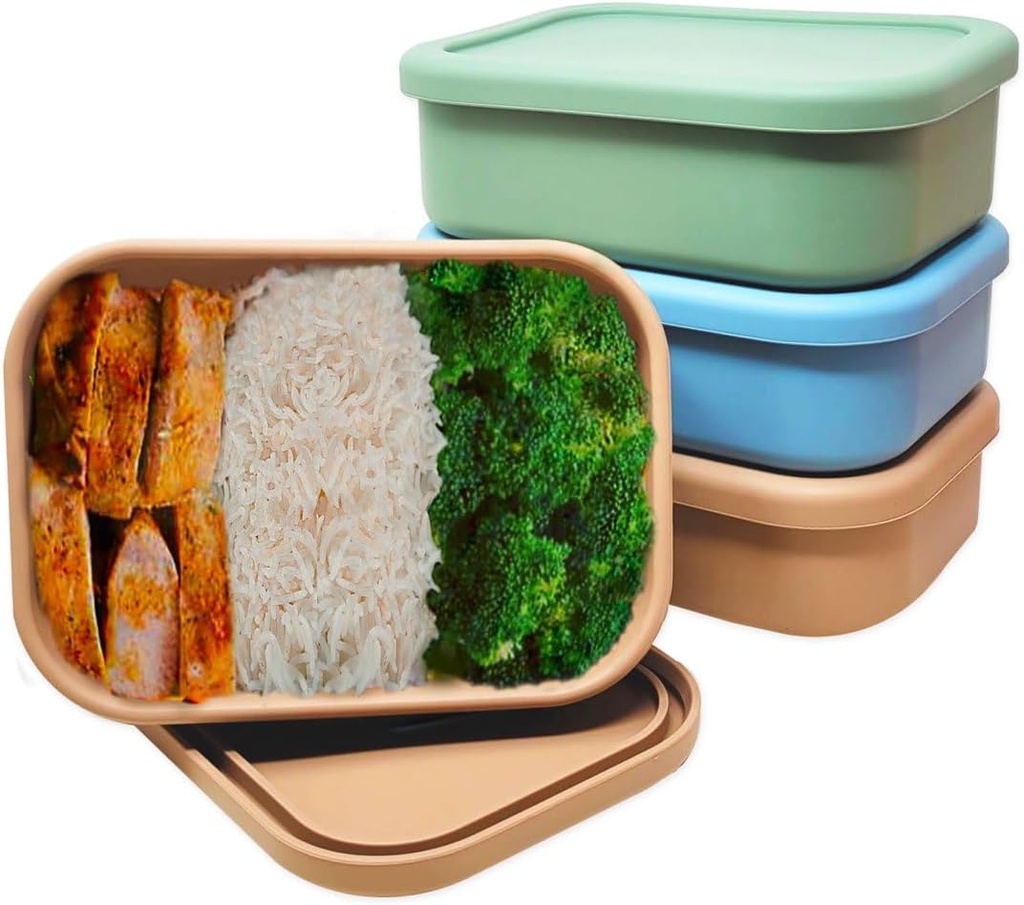 Perfect Portion 3-Pack Silicone Bento Boxes - Leakproof, Single-Compartment Lunch Containers, BPA-Free, Dishwasher, Oven & Fridge Safe, Dry Erase Marker Friendly- Tan, Green, Blue