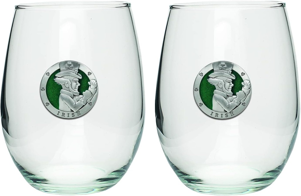 Heritage Pewter Irish Fighter Stemless Glass Goblets – Set of 2 | 15 OZ Goblet Wine Glasses | Expertly Crafted Pewter Glass