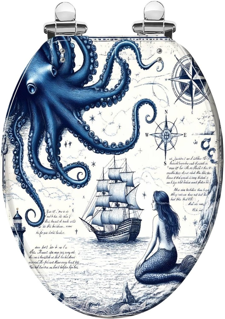 Elongated Toilet Seat Blue Nautical Octopus Navy Mermaid Funny Ocean Kraken Cool Anchor Slow Close Soft Close Strong Stainless Steel Hinges Resin Toilet Seat Replacement Bathroom Accessories
