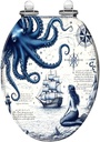 Elongated Toilet Seat Blue Nautical Octopus Navy Mermaid Funny Ocean Kraken Cool Anchor Slow Close Soft Close Strong Stainless Steel Hinges Resin Toilet Seat Replacement Bathroom Accessories