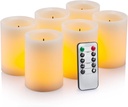 Flameless Flickering LED Candles 3" X 4" with 10-Key Remote Control Timer Classic Pillar Optical Fiber Wick Real Wax Battery Operated Candles, Ivory Color, Set of 6