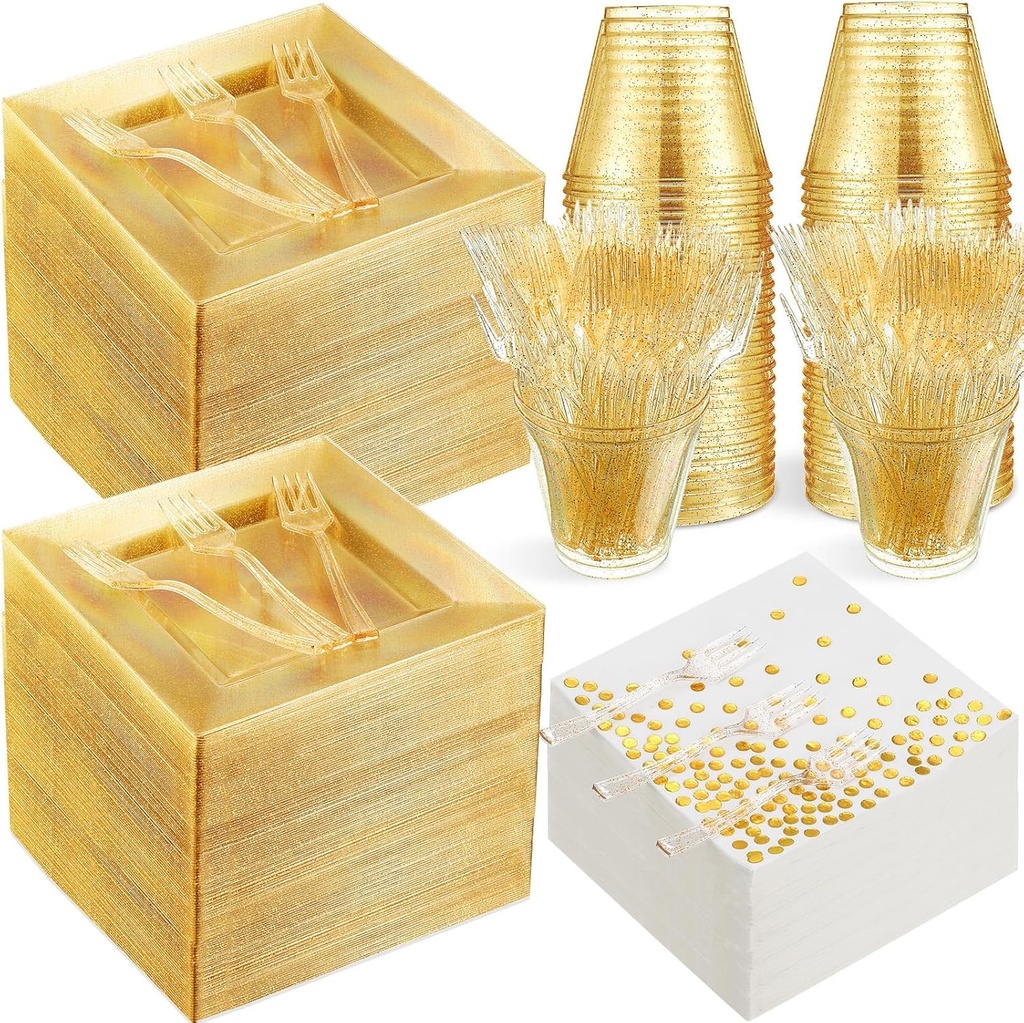 Nosiny 400 Pcs Glitter Dinnerware Set 100 Guests - Square Clear Glitter Plastic Plates Set with Cups Forks Polka Dot Paper Napkins Disposable 6.5 Inch Plates for Wedding Birthday Party(Gold)