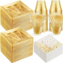 Nosiny 400 Pcs Glitter Dinnerware Set 100 Guests - Square Clear Glitter Plastic Plates Set with Cups Forks Polka Dot Paper Napkins Disposable 6.5 Inch Plates for Wedding Birthday Party(Gold)