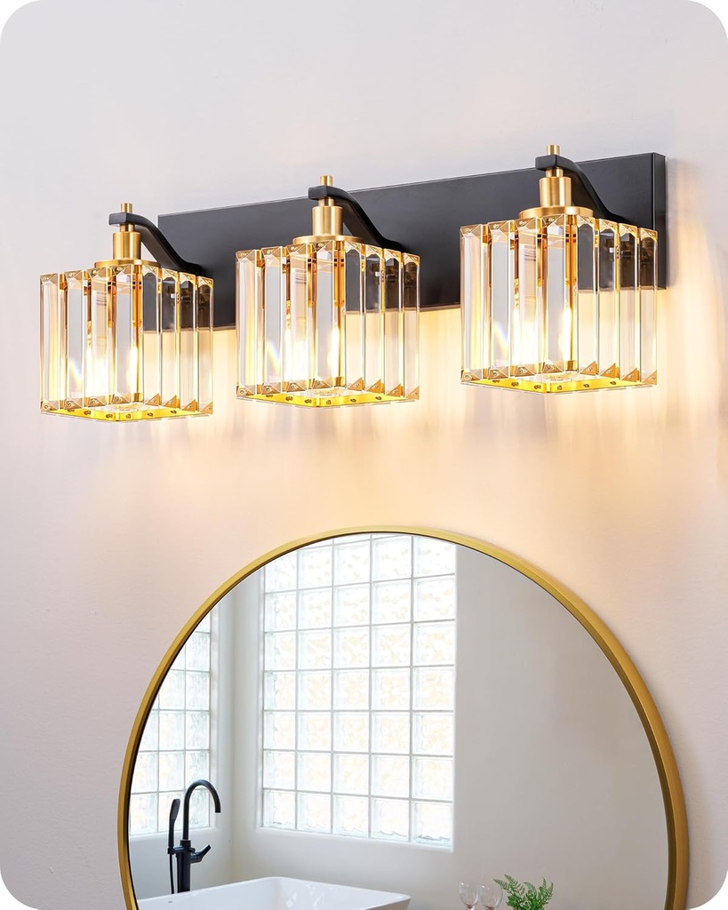 EDISHINE Bathroom Light Fixtures, 20.47'' Crystal Bathroom Vanity Lighting Fixtures Over Mirror, 3 Light Vanity Lights for Bath, Powder Room, Black and Gold, E26 Base