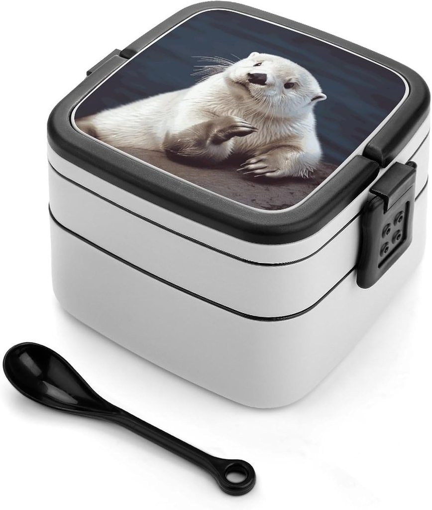 White Otter Bento Box with Compartments Double Layer Bento Lunch Box with Spoon And Handle All-in-One Adult Lunchbox Leakproof Lunch Container for Work Picnic Travel