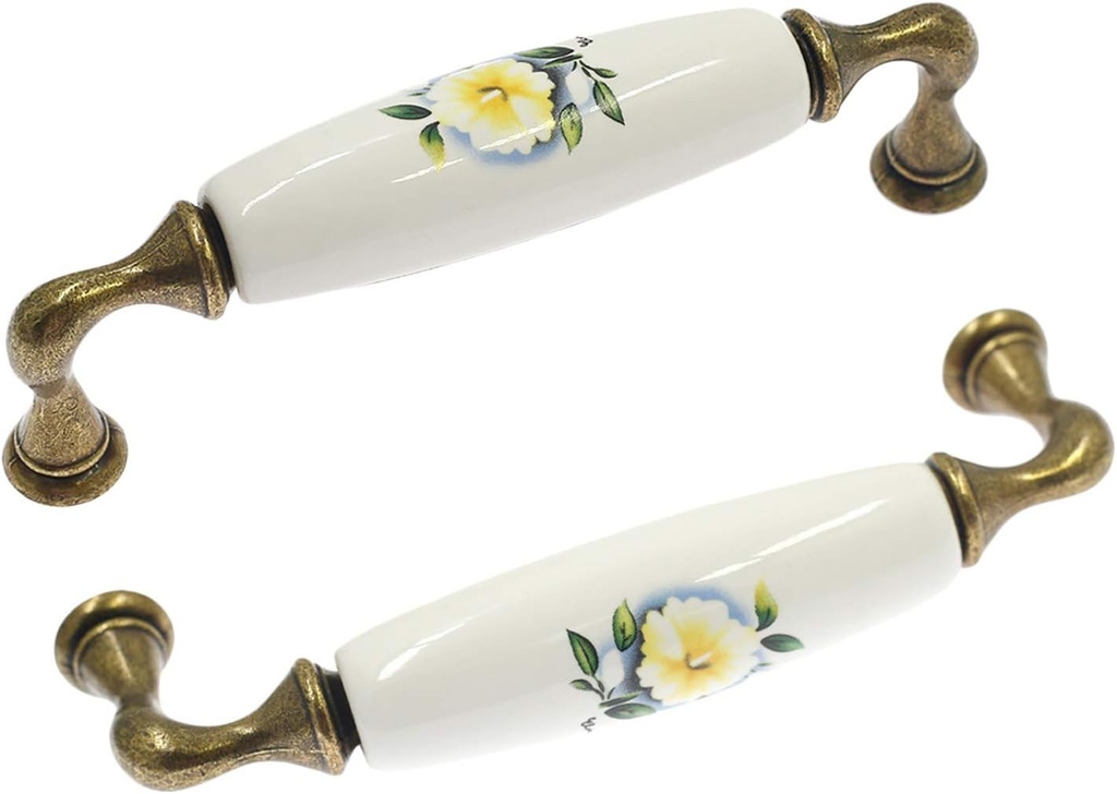 4pcs Antique Ceramic Cabinet Pulls Yellow Flower Pattern Drawer Pulls Vintage Bronze Dresser Wardrobe Pull Handles (4.33" Length, 3.75" Hole Center)