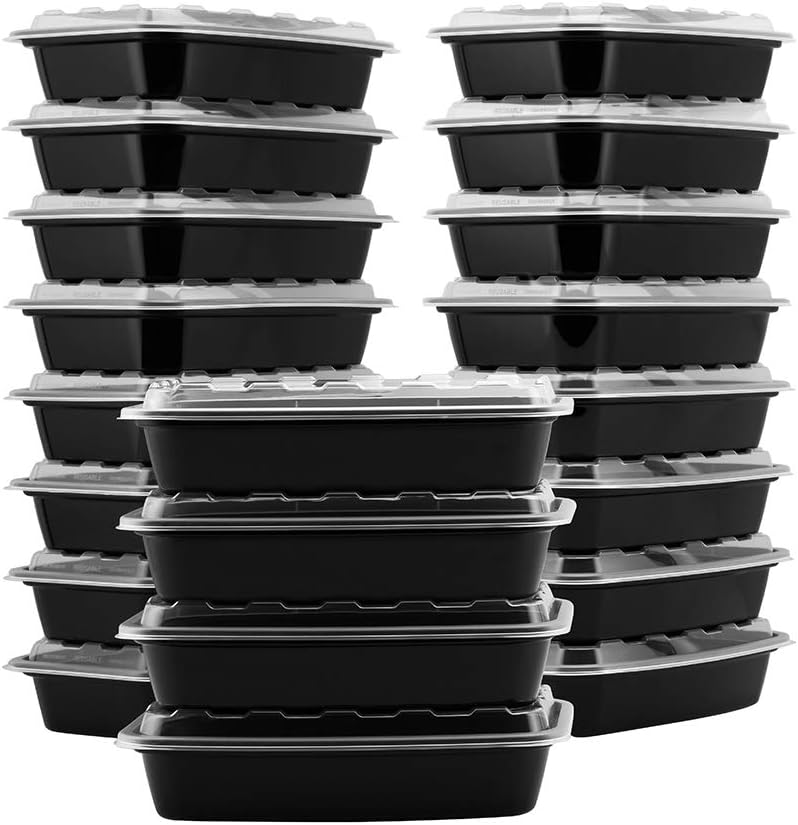 Snap Pak Plastic Food Storage, Meal Prep, Take-Out Delivery Container Rectangular, 25 Count (Pack of 1), Black Base/Clear Lid
