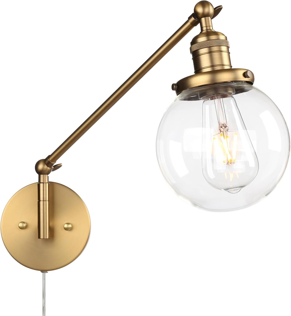 PERMO Plug in Wall Sconce Swing Arm Wall Lamp Industrial Sconce with 5.9" Glass Globe Shade Antique Gold Sconce for Bedroom, Living Room, Office