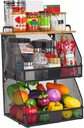2 Tier XXL Stackable Hanging fruit basket for kitchen counter,hanging Wall baskets with Bamboo Tops & Tag,Wire basket for Cabinet Shelf Countertop Pantry Organizer Bins, onion potato Vegs Bread Organi